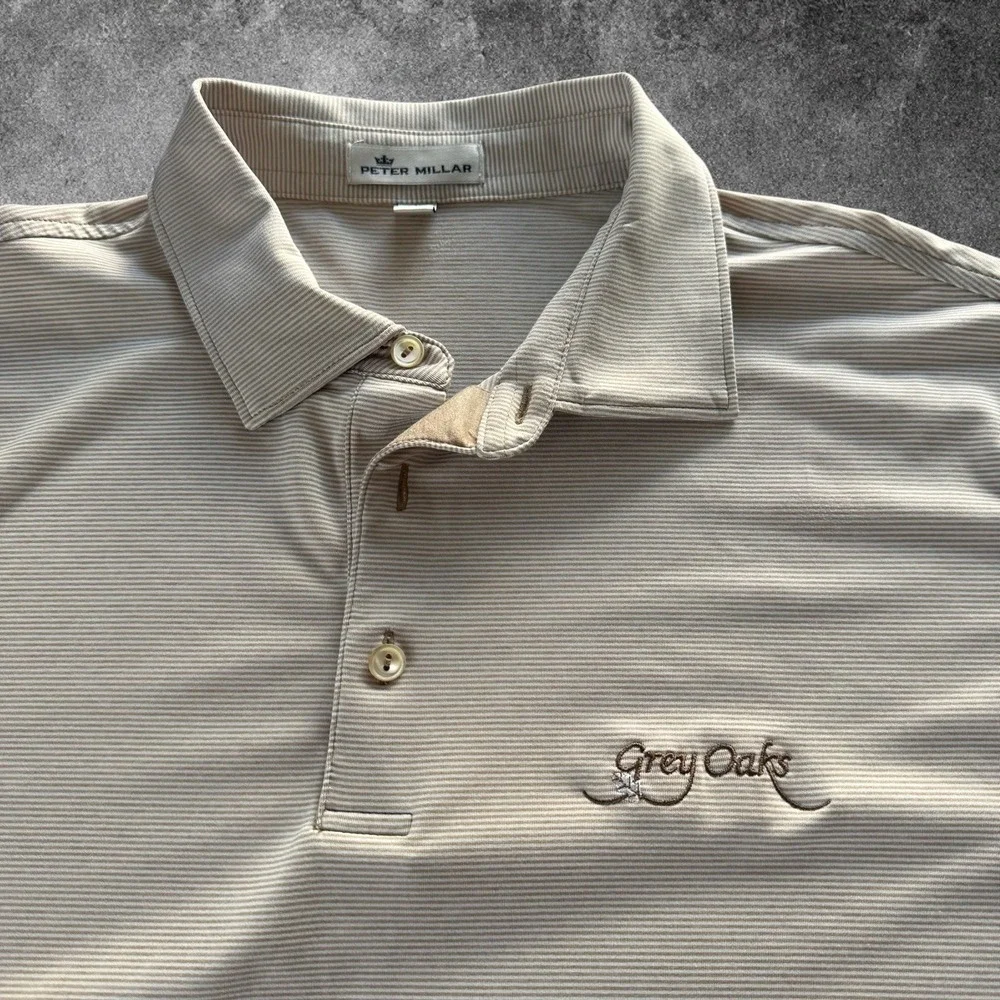 Peter Millar Polo Shirt Men Large Beige Striped Perf Golf Stretch Short Sleeve L